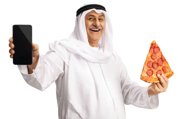 Arab Man Holding Slice Pepperoni Pizza Showing Smartphone Isolated White — стокове фото