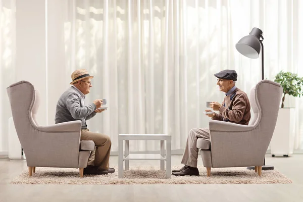 Elderly Friends Holding Cups Sitting Armchairs Living Room — Zdjęcie stockowe