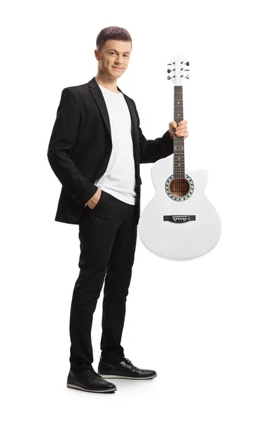 Full Length Portrait Elegant Young Man Black Suit Holding Acoustic — Stock Photo, Image