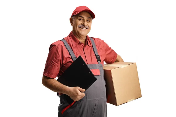 Delivery Man Holding Cardboard Box Clipboard Isolated White Background — Fotografia de Stock