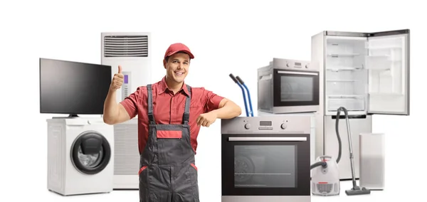 Handyman Uniform Standing Next Electric Appliances Giving Thumbs Isolated White — Stock Photo, Image