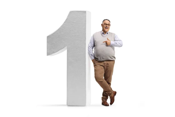 Full Length Portrait Cheerful Mature Man Pointing Big Number One — Foto Stock