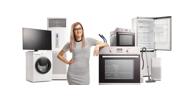 Female Customer Standing Next Electrcal Oven Other Appliances Isolated White — Stok fotoğraf