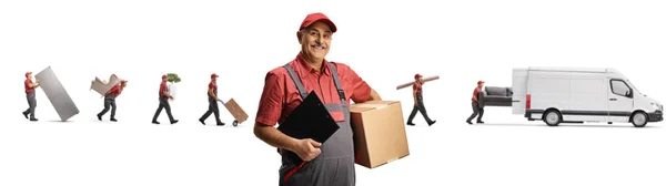 Worker Box Clipboard Movers Van Carrying Furniture Isolated White Background — Stock fotografie