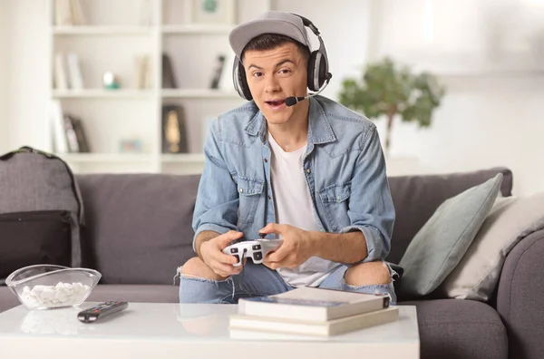 Guy Headphones Joystick Sitting Sofa Playing Video Games Home — 스톡 사진