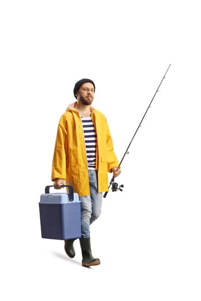 Full Length Shot Young Fisherman Walking Carrying Portable Fridge Rod — Stock Photo, Image
