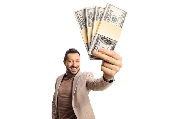 Happy Young Man Holding Stacks Banknotes Isolated White Background — Stock Photo, Image