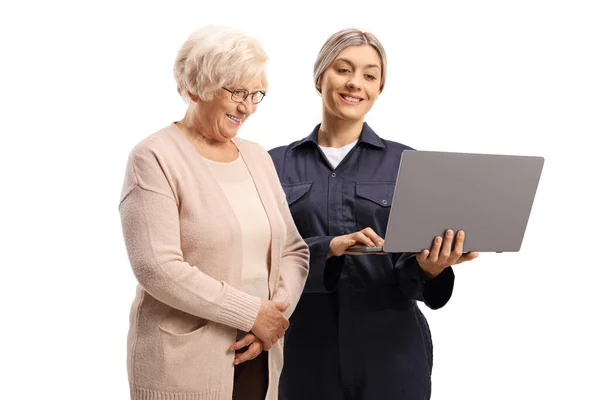 Female Worker Looking Laptop Computer Elderly Woman Isolated White Background — Foto Stock