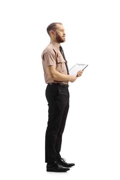 Full Length Profile Shot Male Security Officer Holding Clipboard Isolated — Stock fotografie