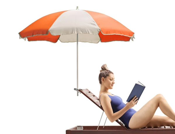 Woman Reading Book Relaxing Sunbed Umbrella Isolated White Background — Foto Stock