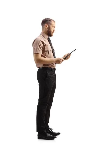 Full Length Profile Shot Male Security Officer Looking Clipboard Isolated — Foto Stock