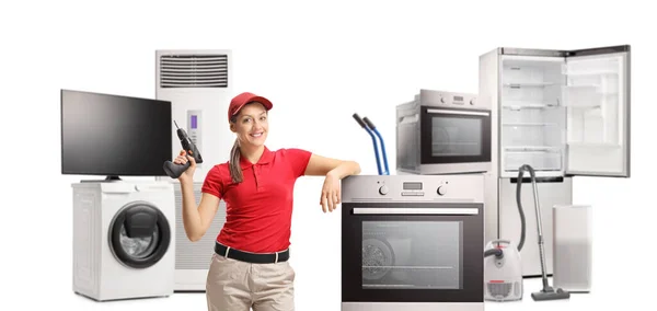 Repairwoman Drill Home Electrical Appliances Isolated White Background — Stock Photo, Image