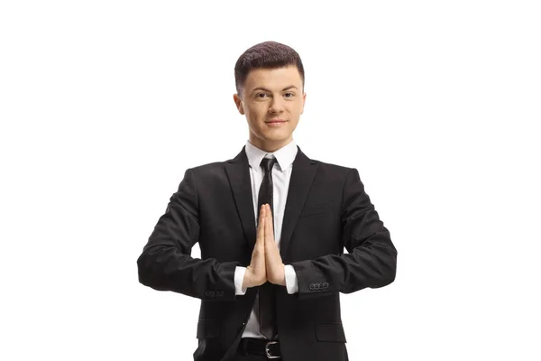 Young Businessman Meditation Pose Isolated White Background — Stock Fotó
