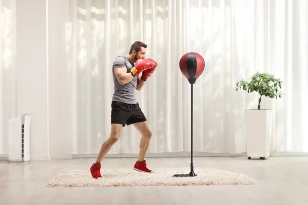 Full Length Shot Boxer Red Boxing Gloves Training Punch Bag — 图库照片