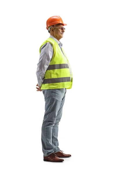 Full Length Profile Shot Mature Male Engineer Safety Vest Helmet — Fotografia de Stock