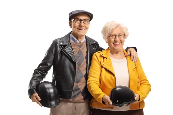 Elderly Man Woman Standing Holding Motorbike Helmets Isolated White Background — стоковое фото