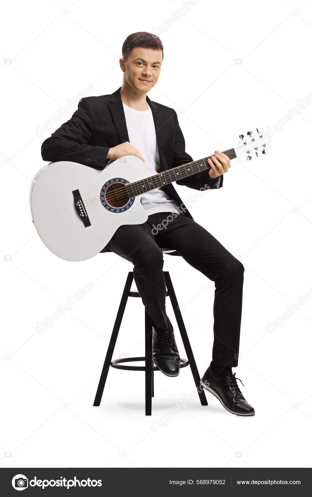 Elegant Young Man Black Suit Sitting Chair Holding White Acoustic.