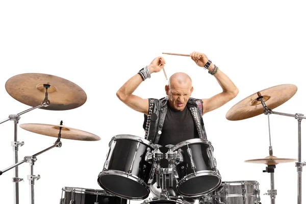 Bald Man Playing Drums Isolated White Background — Stockfoto