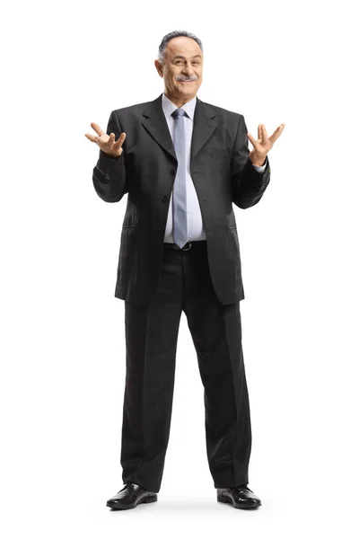 Mature Man Black Suit Tie Explaining Something Hands Isolated White — 图库照片