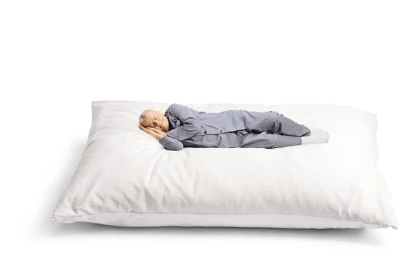 Elderly Man Pajamas Sleeping Big Pillow Isolated White Background — Fotografia de Stock