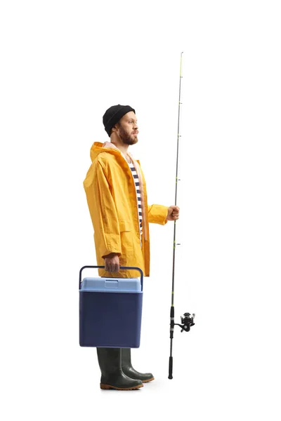 Full Length Profile Shot Fisherman Raincoat Holding Portable Fridge Fishing — Stock Photo, Image
