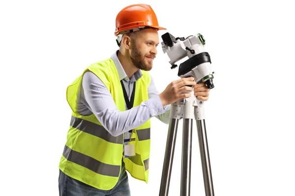 Geodetic Engineer Measuring Positioning Station Isolated White Background —  Fotos de Stock
