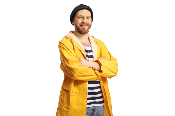 Young Fisherman Yellow Raincoat Posing Smiling Camera Isolated White Background — Stock Photo, Image