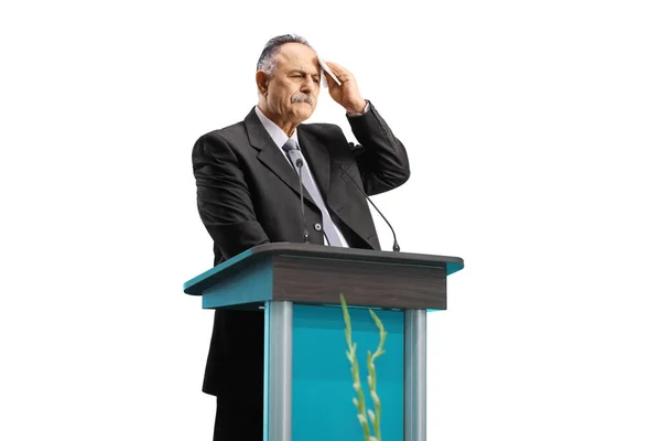 Nervous Politician Preparing Speech Podium Wiping His Forhead Isolated White — Stock Photo, Image