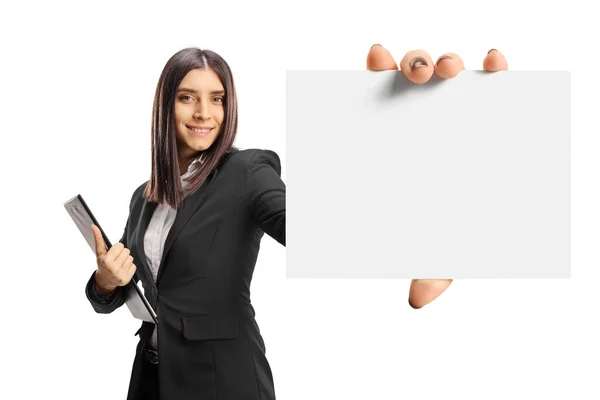 Businesswoman Showing Small Blank Card Front Camera Smiling Isolated White — Stock Photo, Image