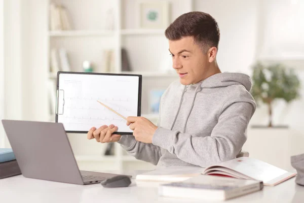 Mannelijke Student Zit Voor Een Laptop Computer Thuis Toont Een — Stockfoto
