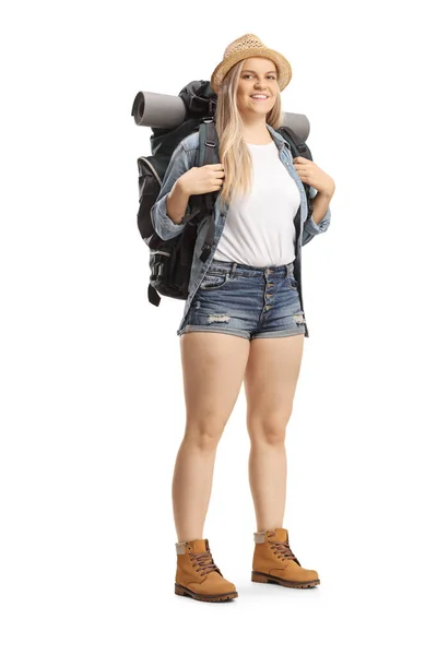 Full Length Portrait Young Female Backpacker Smiling Camera Isolated White — Stock Photo, Image
