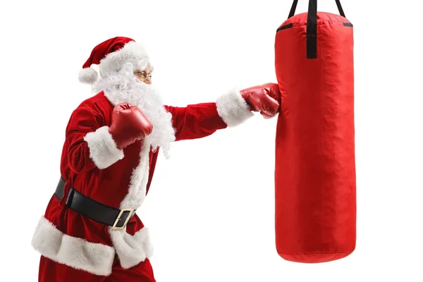 Santa Claus Boxeo Saco Boxeo Aislado Sobre Fondo Blanco —  Fotos de Stock