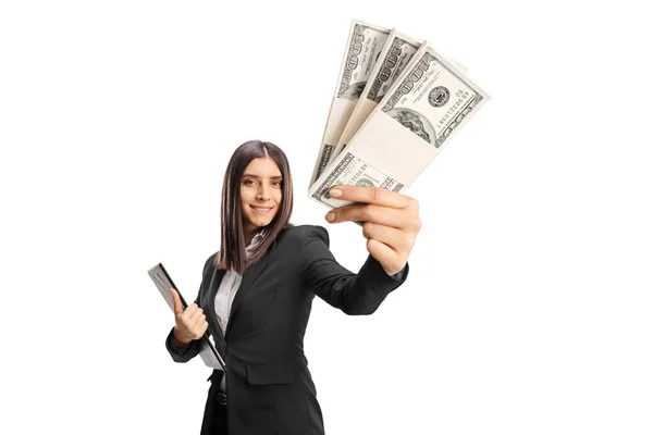 Businesswoman Showing Stacks Money Holding Clipboard Isolated White Background — Stock Photo, Image