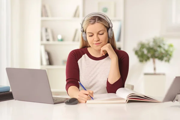 Női Hallgató Előtt Egy Laptop Számítógép Otthon Fülhallgató Írás — Stock Fotó