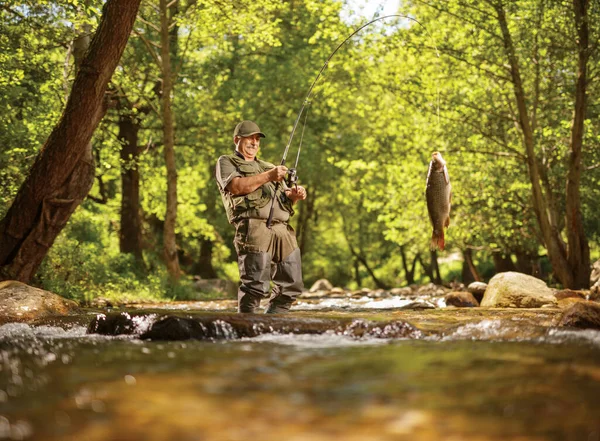 Fiskare Som Drar Upp Karpfisk Flod Skogen — Stockfoto