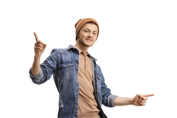 Cheerful Guy Pointing Fingers Isolated White Background — Stock Photo, Image