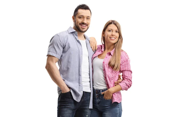 Glückliches Junges Lässiges Paar Posiert Isoliert Umarmung Auf Weißem Hintergrund — Stockfoto
