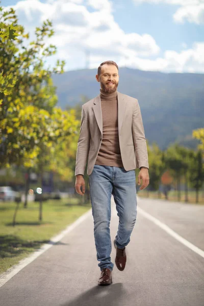 Young Man Walking Pedestrian Lane Smiling — Stock Photo, Image