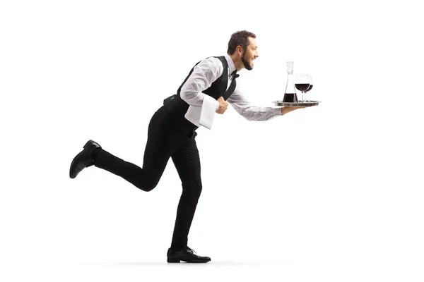 Full Length Profile Shot Waiter Running Wine Tray Isolated White — Stock Photo, Image