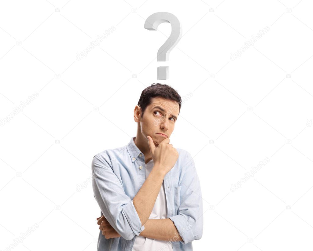 Casual young man thinking with a question mark above his head isolated on blue background