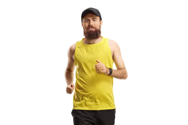 Bearded Man Jogging Mot Kameran Isolerad Vit Bakgrund — Stockfoto