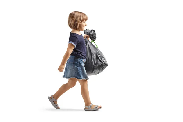 Full Length Profile Shot Little Girl Walking Carrying Waste Bag — Stock Photo, Image