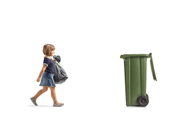 Full Length Profile Shot Little Girl Walking Dustbin Carrying Waste — Stock Photo, Image