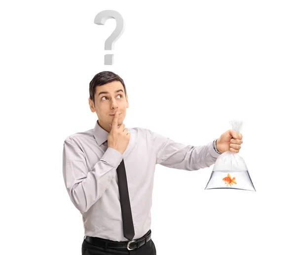 Young Man Holding Goldfish Plastic Bag Question Mark His Head — Stock Photo, Image