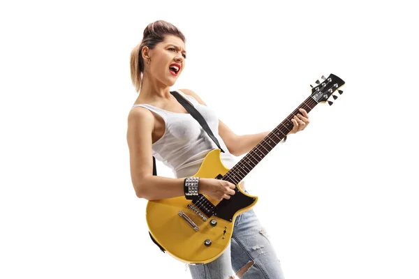 Artista Feminina Cantando Tocando Uma Guitarra Elétrica Isolada Fundo Branco — Fotografia de Stock