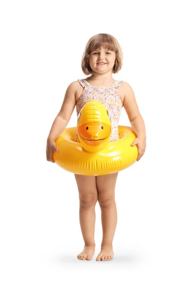 Girl Swimsuit Smiling Wearing Rubber Duck Swimming Ring Isolated White — Stock Photo, Image