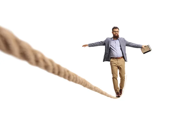 Full Length Portrait Bearded Young Man Holdind Book Walking Tightrope — Stock Photo, Image