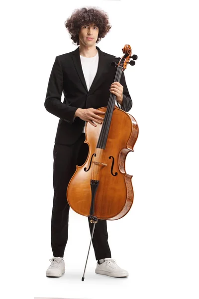 Jonge Mannelijke Muzikant Met Contrabas Geïsoleerd Witte Achtergrond — Stockfoto