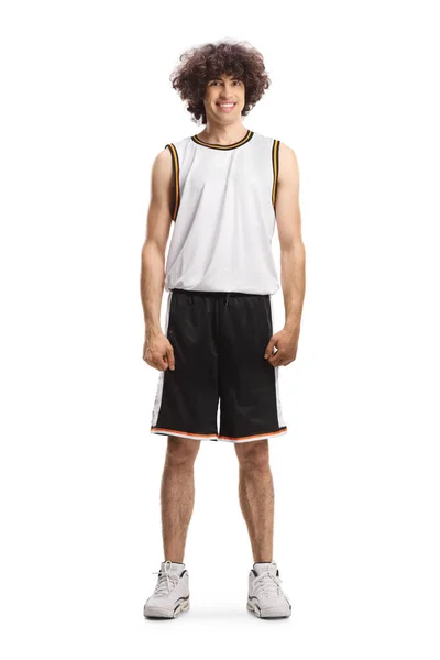 Ganzes Porträt Eines Jungen Männlichen Basketballspielers Isoliert Auf Weißem Hintergrund — Stockfoto