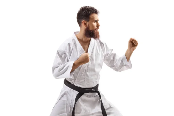 Profilo Uomo Barbuto Kimono Che Pratica Karate Isolato Sfondo Bianco — Foto Stock